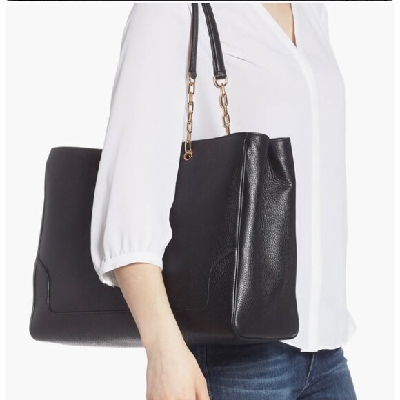 Tory Burch Black Leather Tote with Gold Chain - Picture 15 of 16
